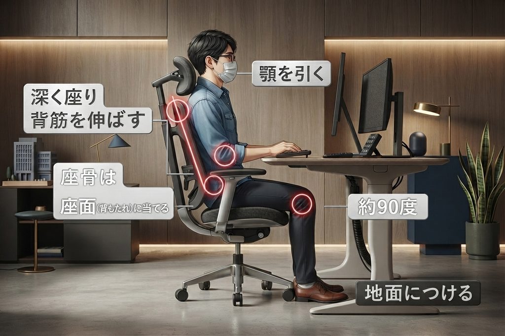 デスクワークにおける正しい座り姿勢のイメージイラスト